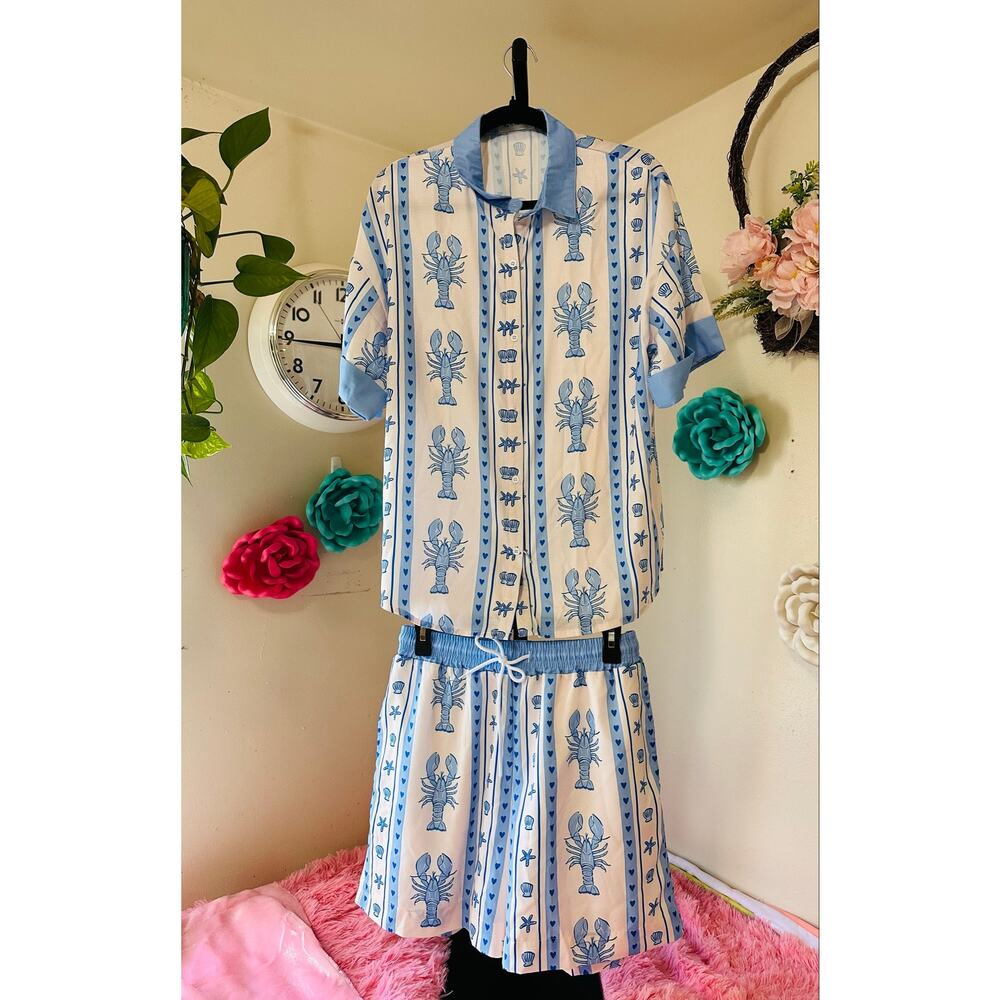 Nice To Meet You Blue Lobster Matching Set | Button-Up Shirt + Shorts | Size M